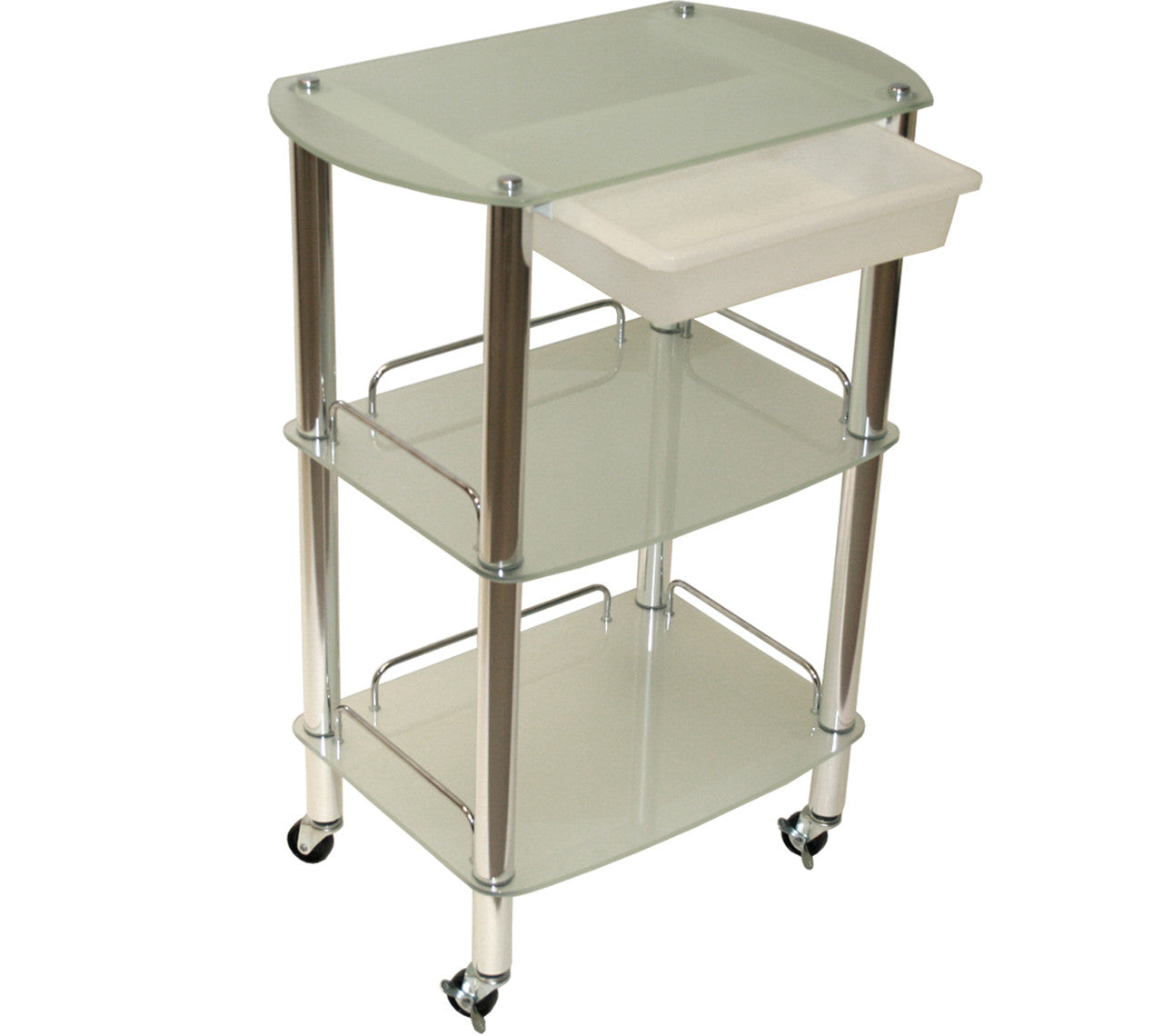 XL Glass & Chrome Trolley with Slide-Out Storage Bin