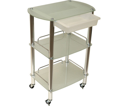 XL Glass & Chrome Trolley with Slide-Out Storage Bin